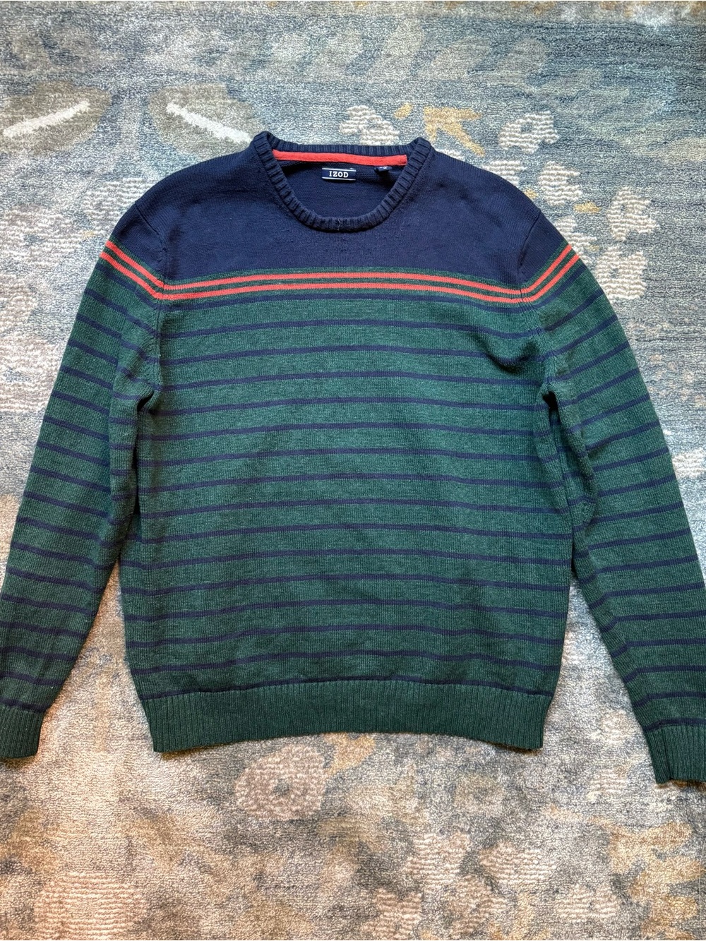 IZOD Navy and Green Crewneck Sweater with orange Accent